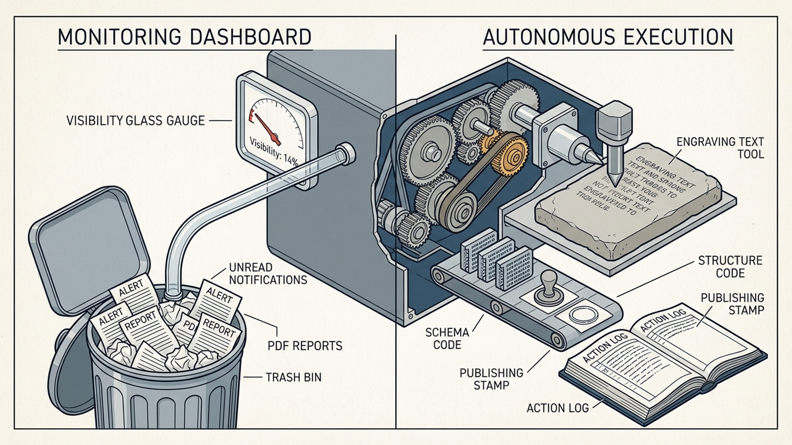 A cutaway diagram contrasts an alert gauge leading to trash with gears recording completed work in an action log.