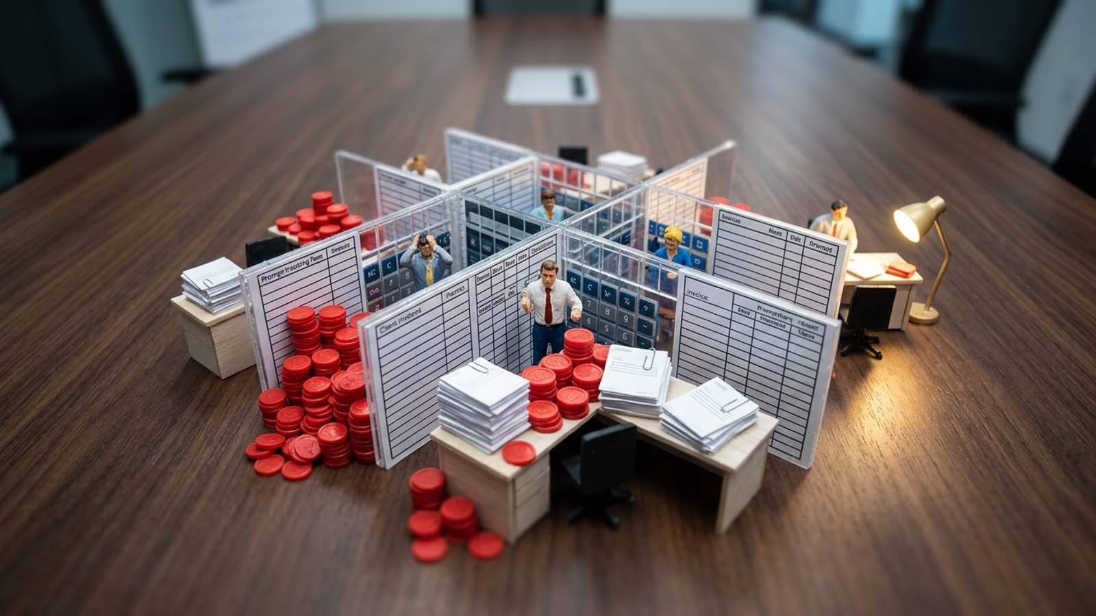 A miniature agency team sits at a conference table inside the tall acrylic walls of a spreadsheet grid.