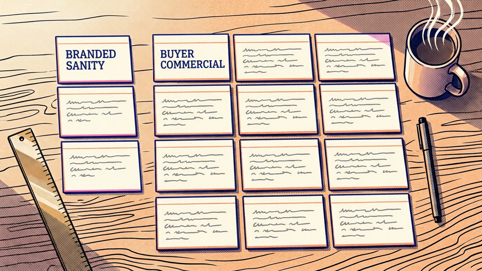 Fifteen prompt cards divided into three branded checks and twelve buyer questions