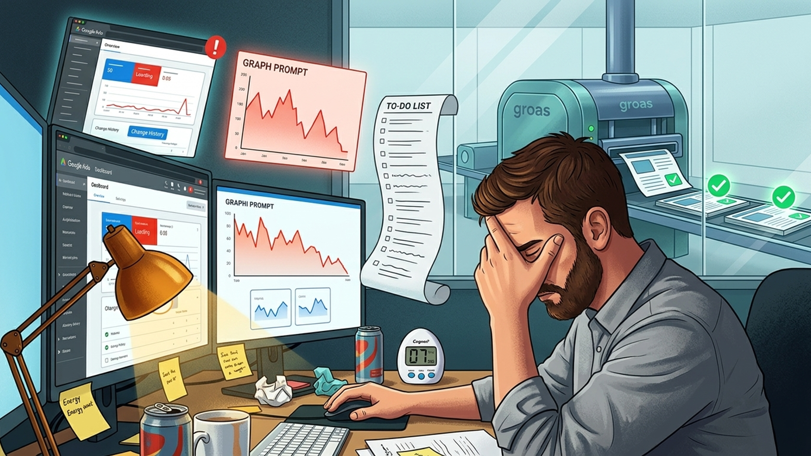 Illustration of an agency marketer facing dashboard alerts while an execution engine publishes to a client CMS