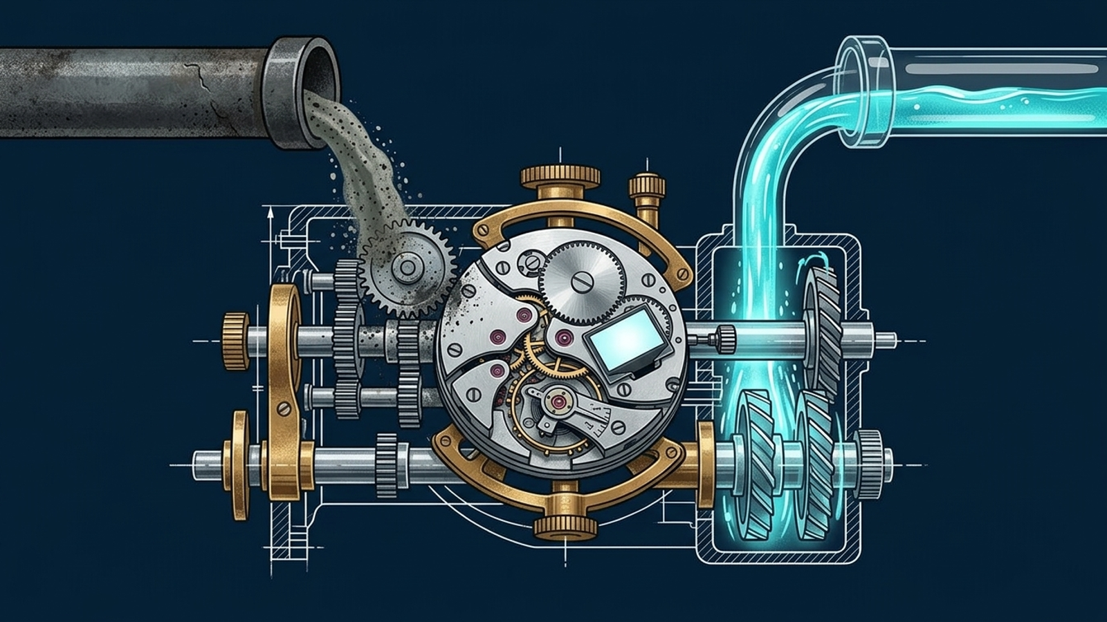 Cutaway of an engine with murky sludge in one set of gears and clean liquid powering another